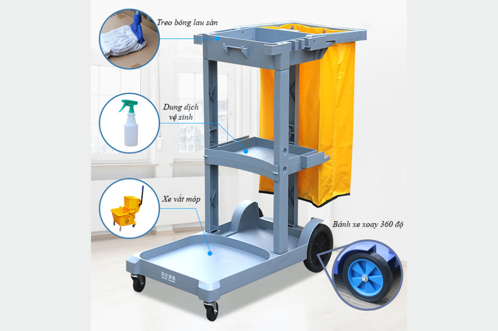 Xe đẩy dọn vệ sinh 3 tầng chữ L: Cấu tạo và ưu điểm nổi bật 1 Cấu tạo của xe đẩy dọn vệ sinh 3 tầng chữ L